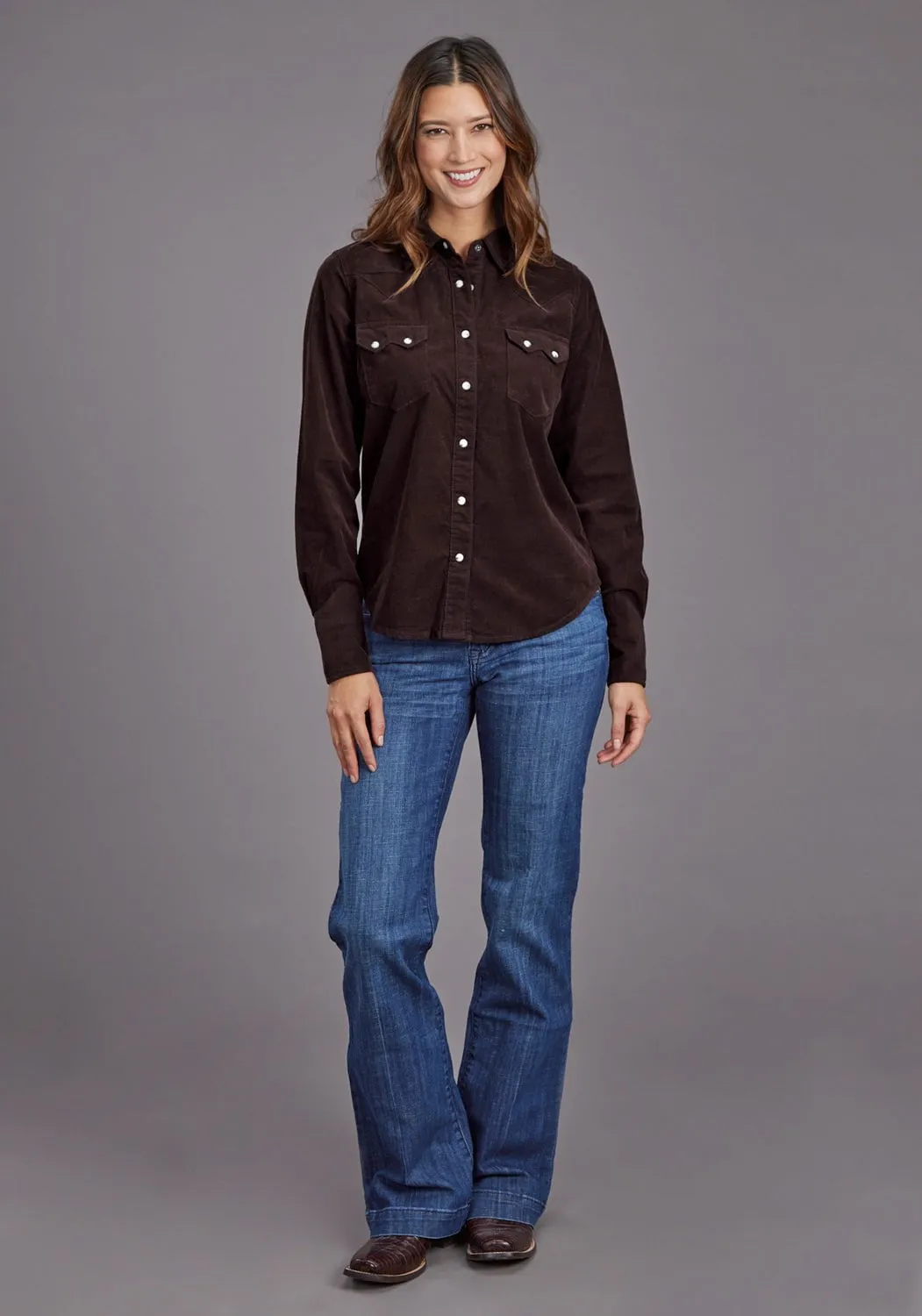 Ventilated Back Animal Print Stetson Womens Corduroy Denim Brown 100% Cotton L/S Shirt