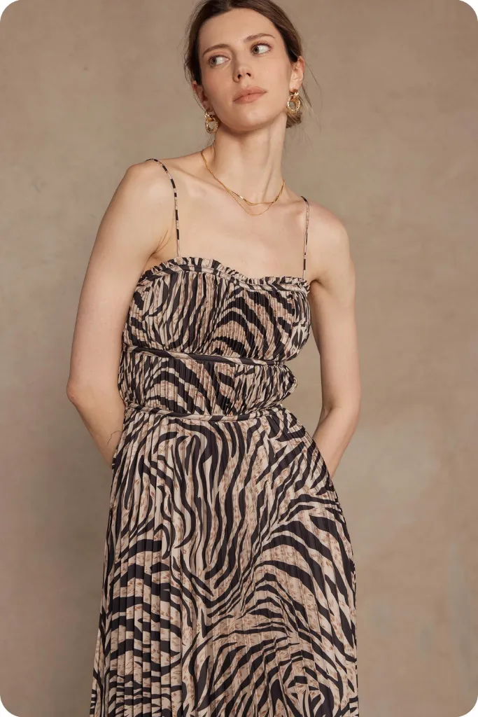 Zip Closure Garden Fresh Romilly Pleated Animal Print Maxi Dress