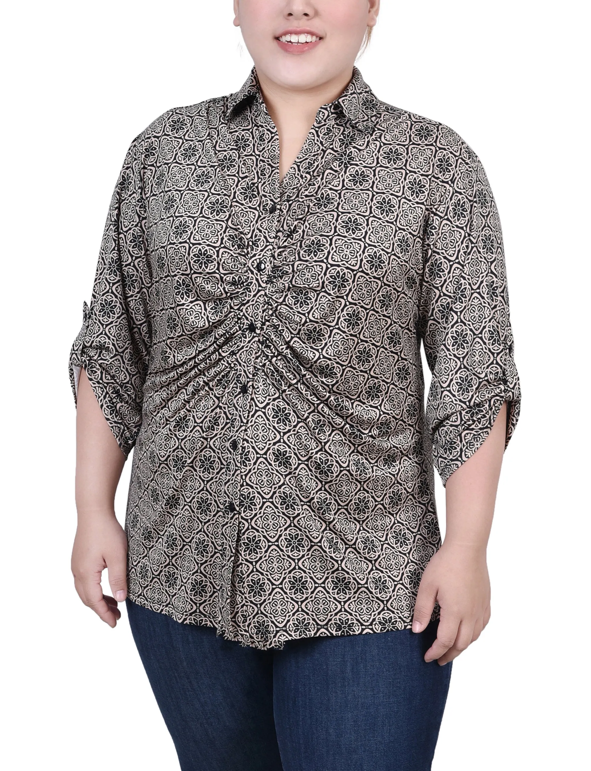 Plus Size 3/4 Roll Tab Rouched-Front Top Dress for brunch