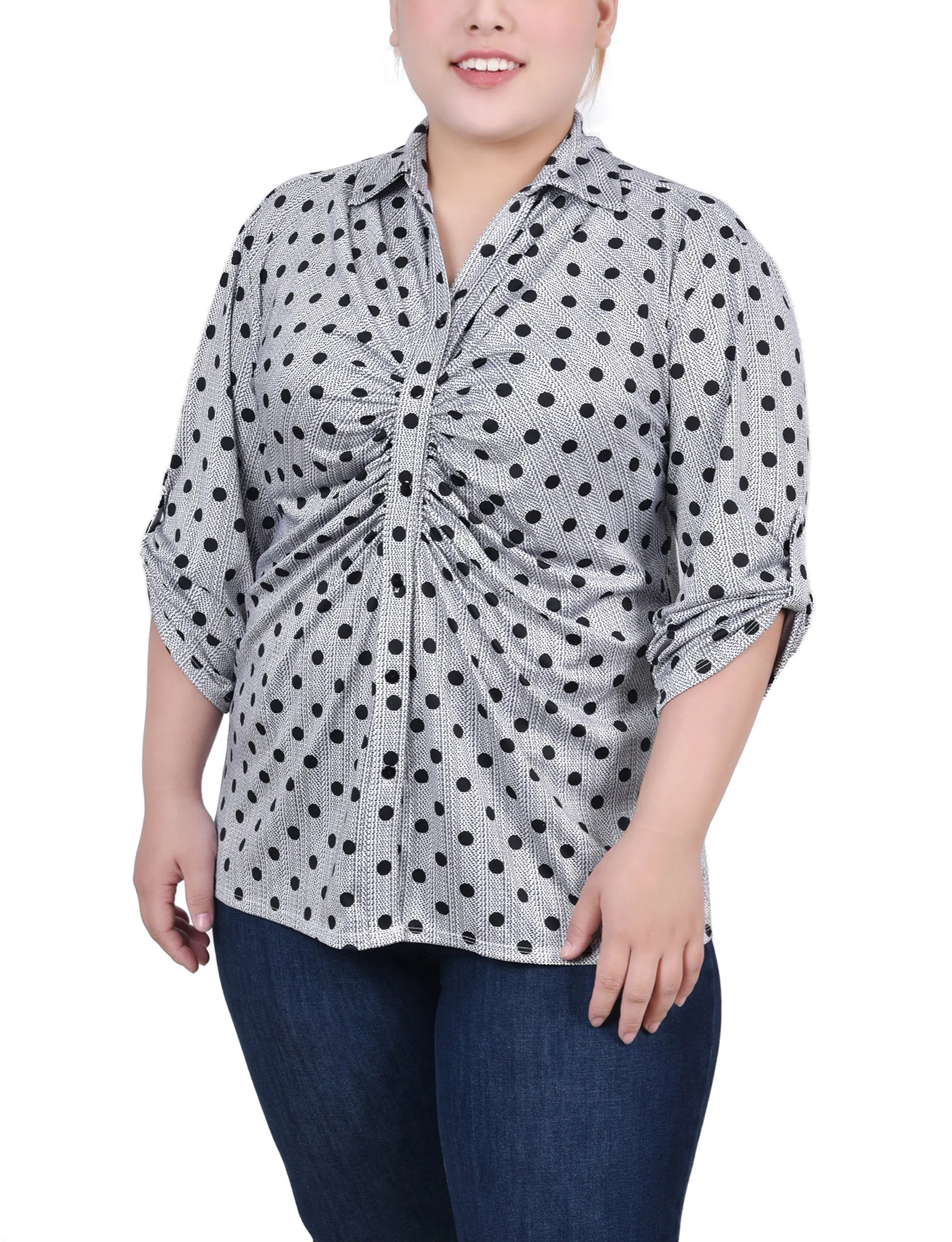 Plus Size 3/4 Roll Tab Rouched-Front Top Soft Tone