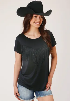 Functional Design Roper Womens Black Poly/Rayon Fringe Knit S/S T-Shirt Chic Wardrobe Work From Home Roper Womens Black Poly/Rayon Fringe Knit S/S T-Shirt