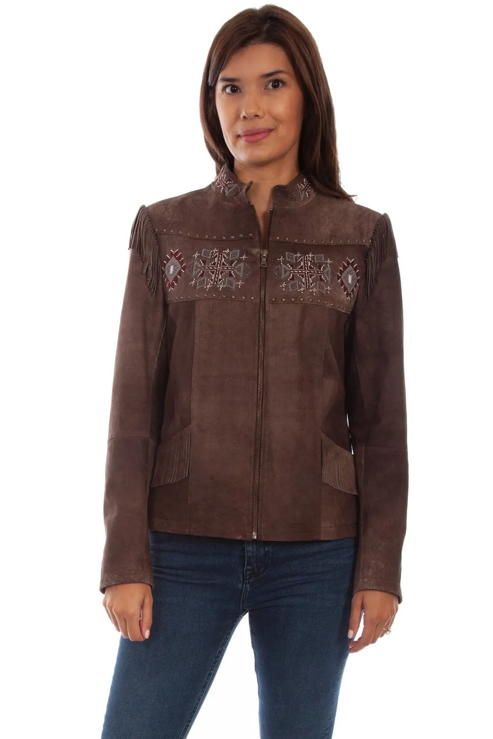 Scully Womens Aztec Beaded Fringe Chocolate Leather Leather Jacket Recycled Cotton Blend