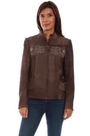 Scully Womens Aztec Beaded Fringe Chocolate Leather Leather Jacket Recycled Cotton Blend