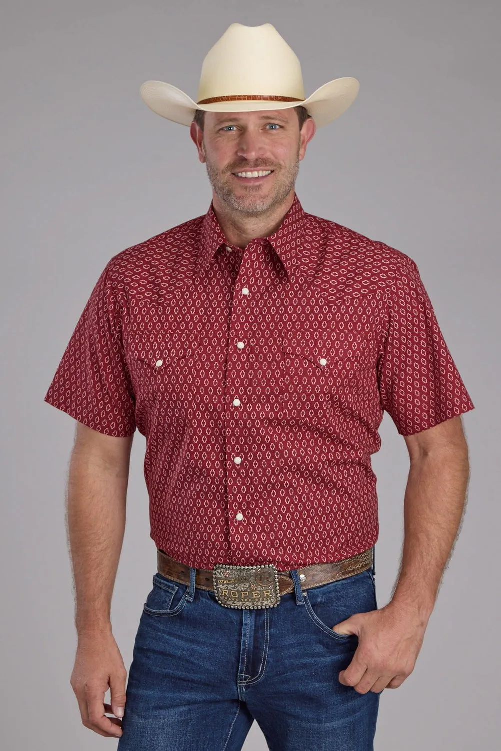 Flexible Placket Structure Friends Meetup Roper Mens Geo Print Red 100% Cotton S/S Shirt