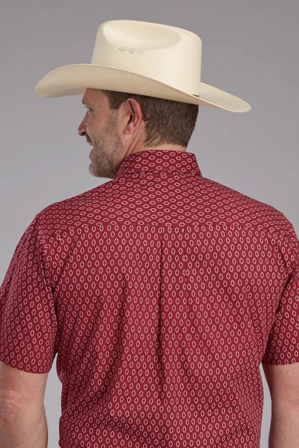 Athletic Cut Trendy Pattern Roper Mens Geo Print Red 100% Cotton S/S Shirt