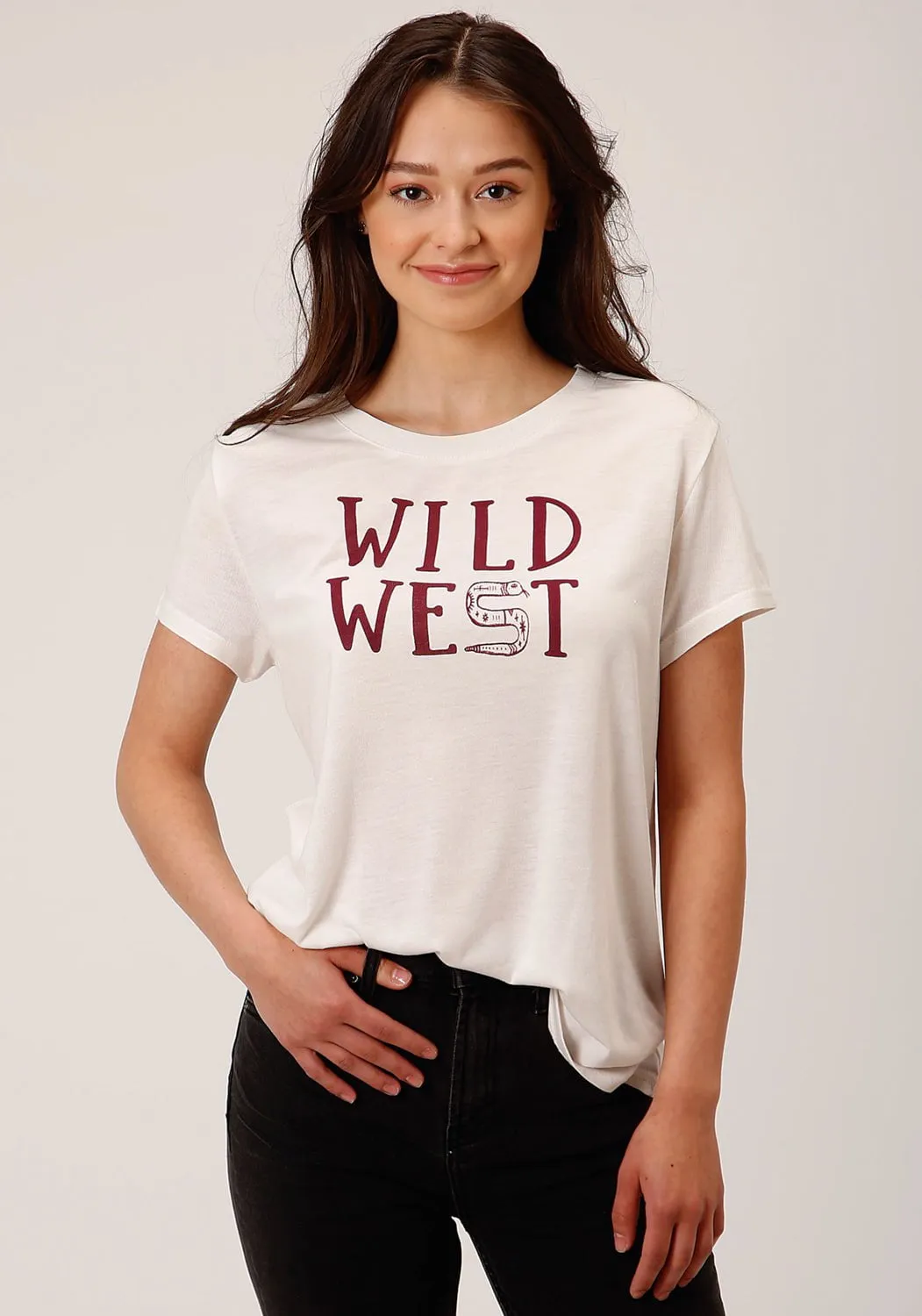 Easy Wear Comfort Stretch Roper Womens Wild West Ivory Poly/Rayon S/S T-Shirt
