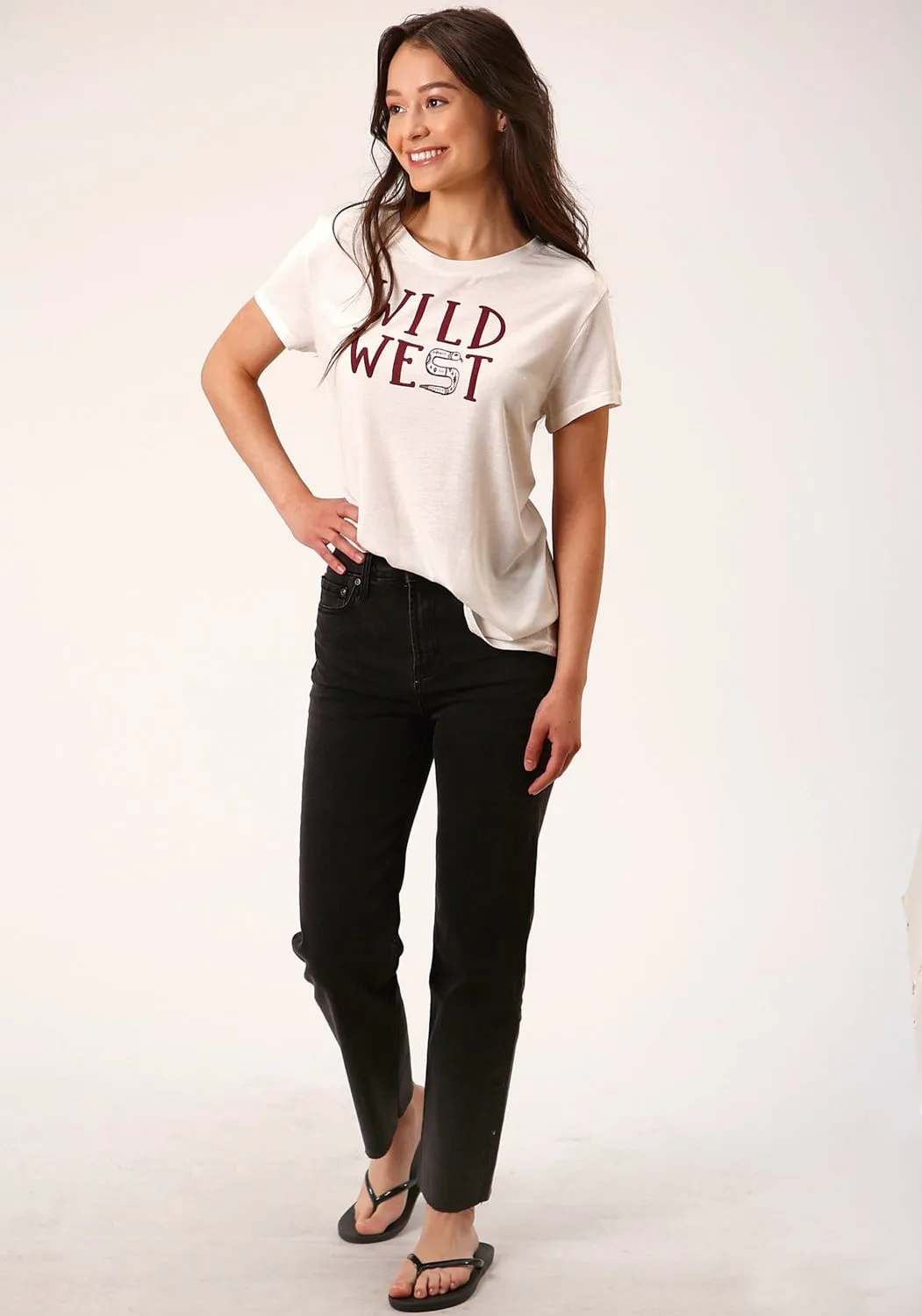 Seamless Shoulder Construction Roper Womens Wild West Ivory Poly/Rayon S/S T-Shirt