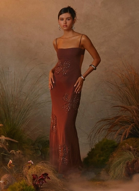 Fur Accent Bayla Beaded Flower Maxi Dress - Chocolate Bayla Beaded Flower Maxi Dress - Chocolate Daily Confidence Casual Smart