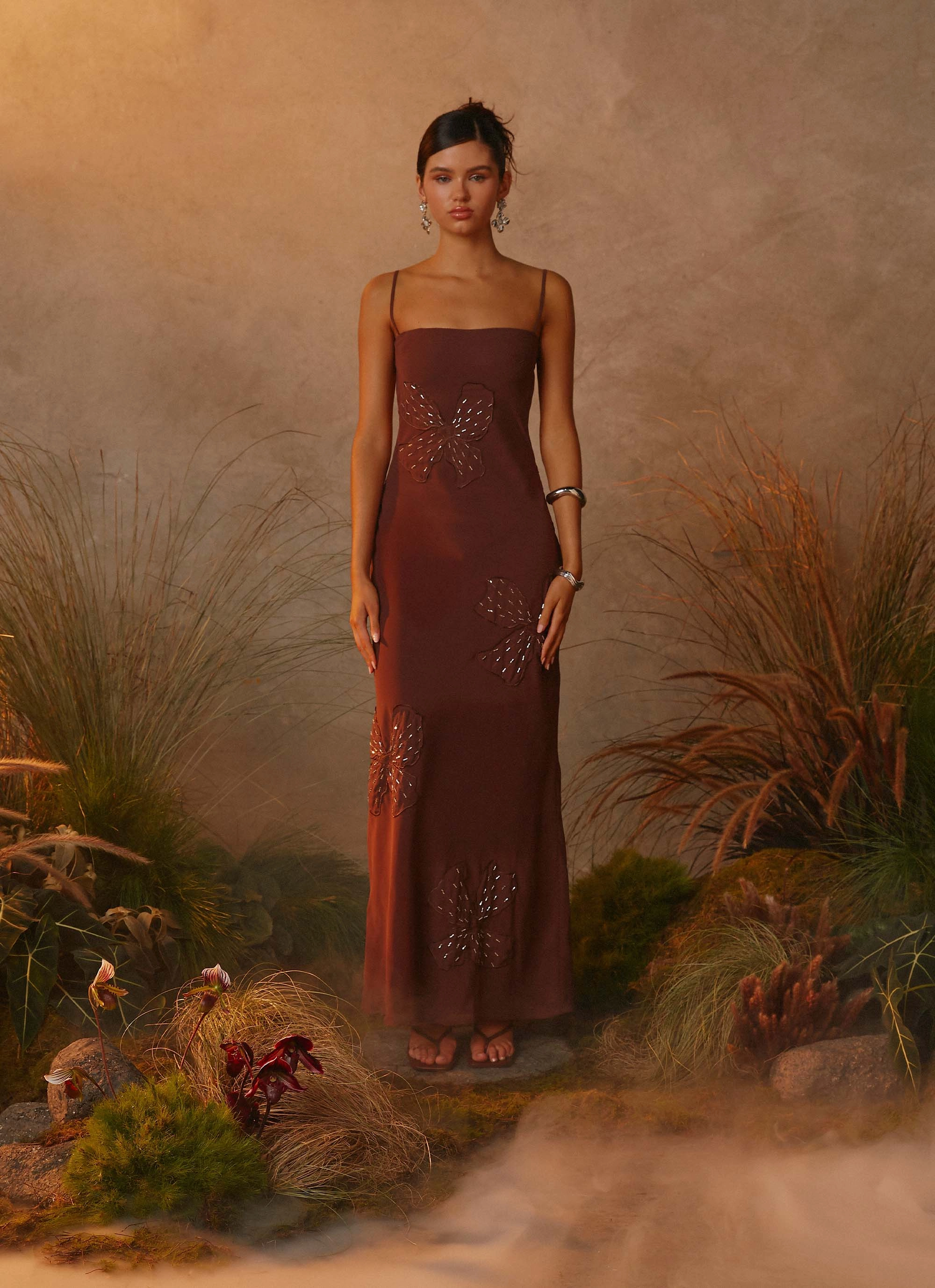 Ready Anytime Bayla Beaded Flower Maxi Dress - Chocolate