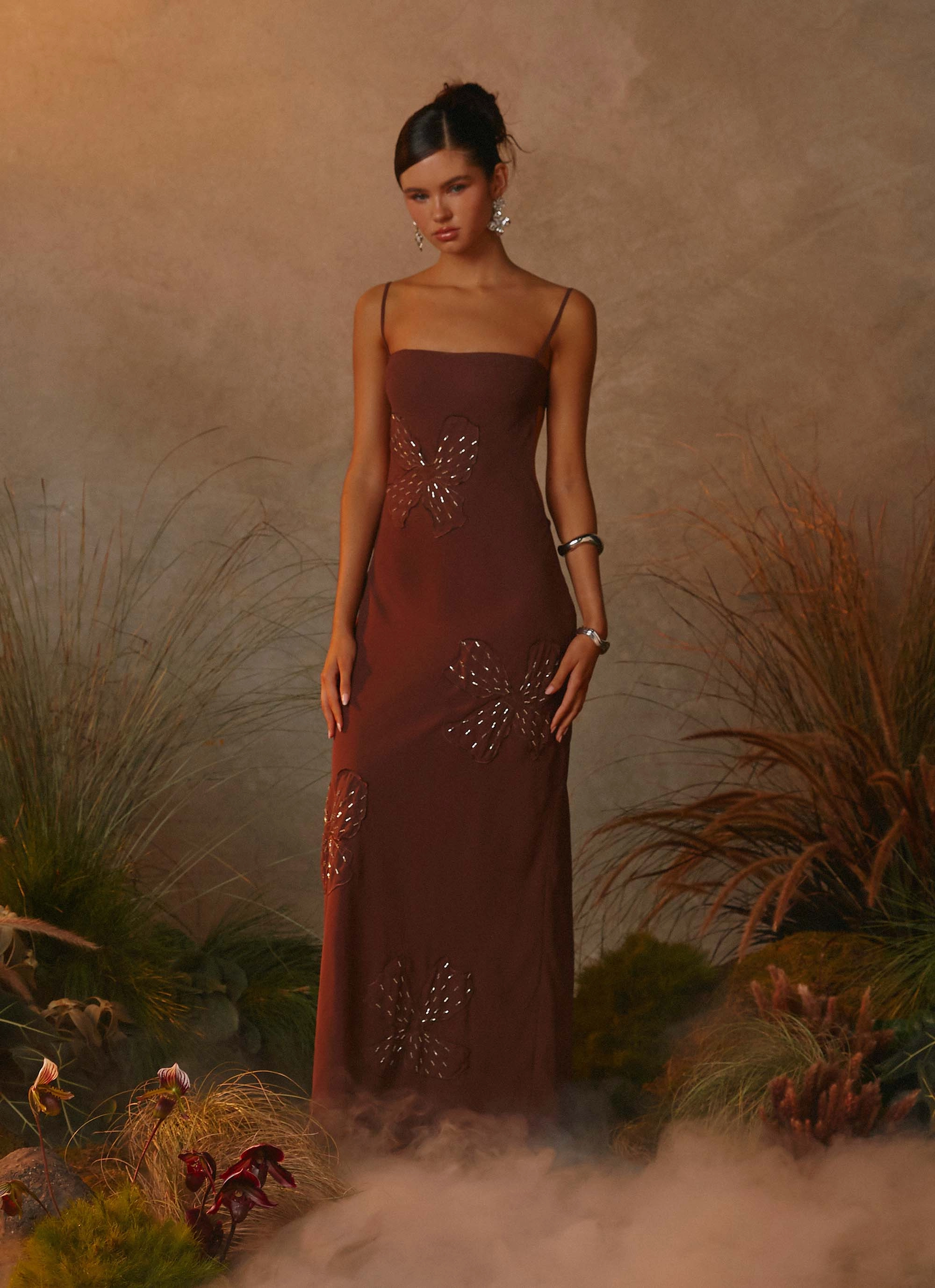 Bayla Beaded Flower Maxi Dress - Chocolate Petite-Size