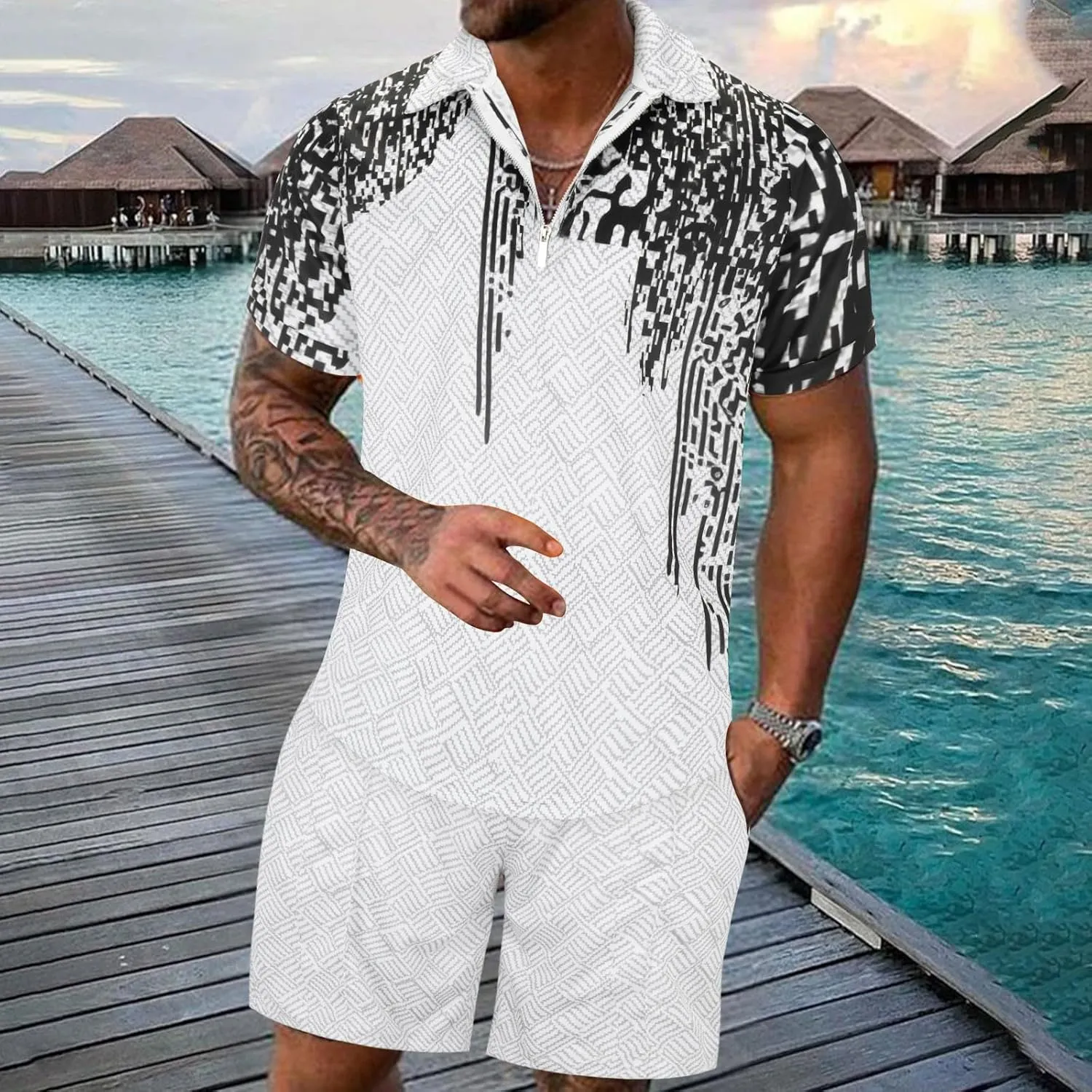 Fxbar Mens 2 Piece Short Sets Summer Fashion Track Suits Polo Shirt Outfits Casual Short Sleeve and Shorts Set