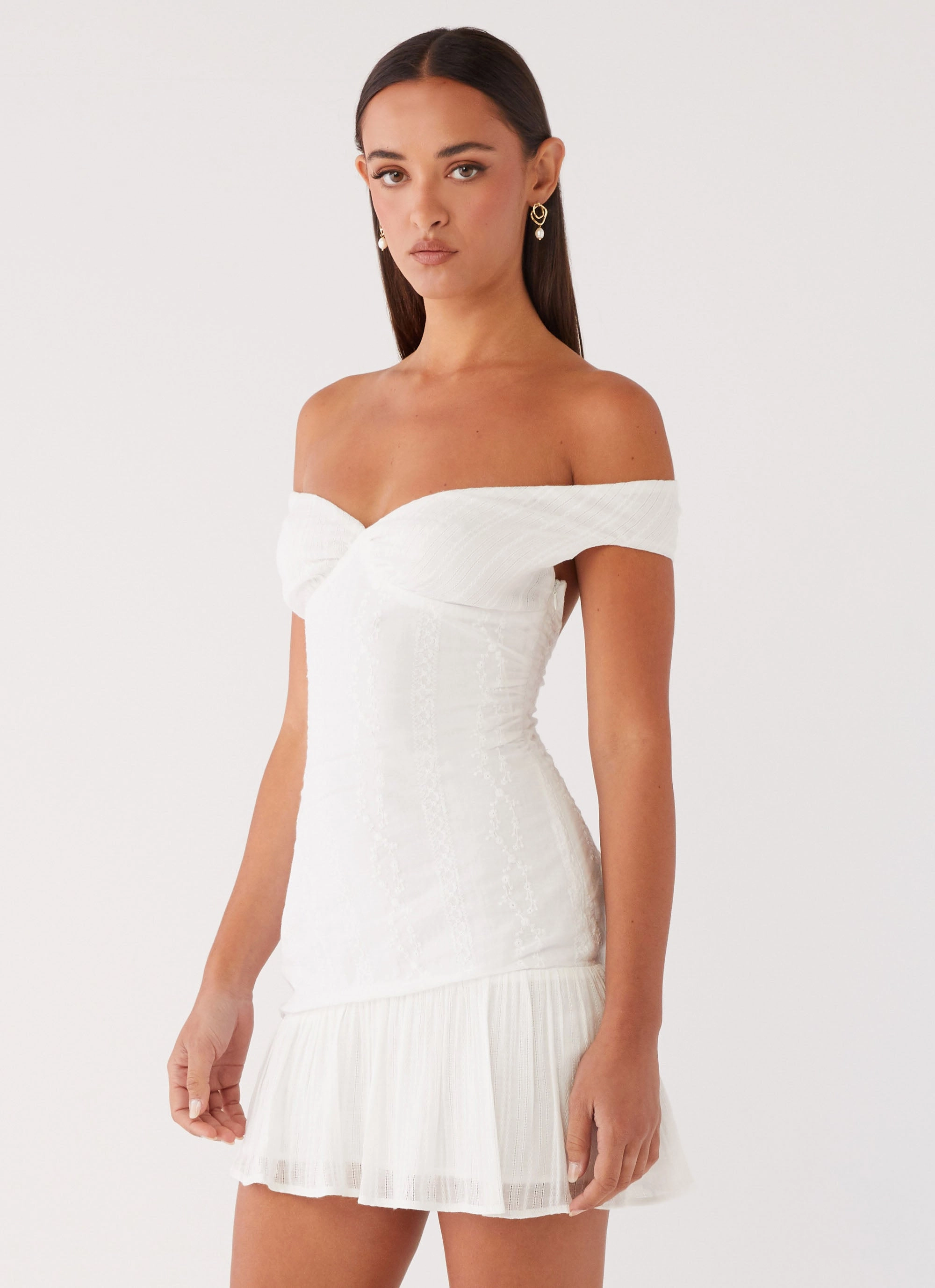 Gabby Ruffle Hem Mini Dress - Ivory CrinkleResistantWeave Sage Detail