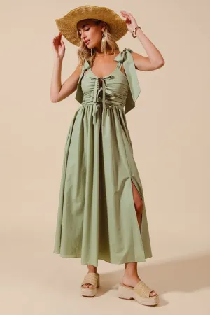 Gala Look Tina Shirring Bow Tie Midi Dress S-XL Leg-Lengthening Comfortable texture Tina Shirring Bow Tie Midi Dress S-XL