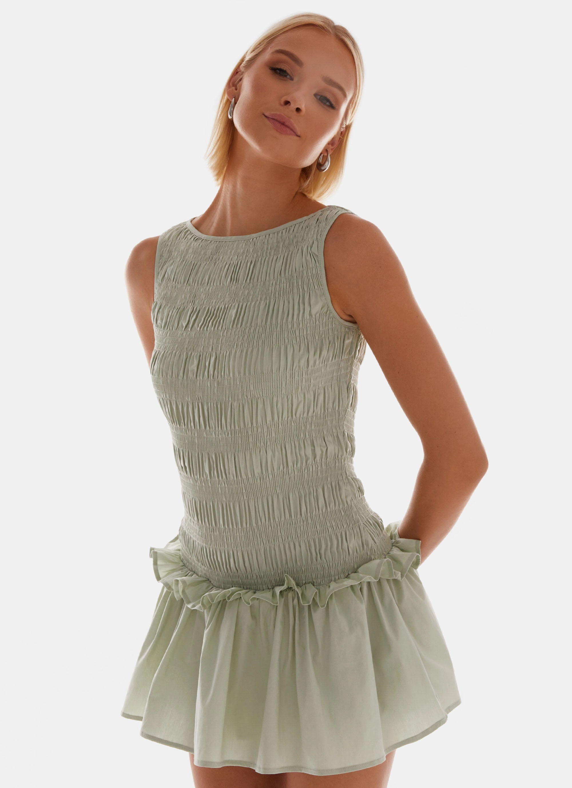 Garden Kisses Shirred Mini Dress - Sage Style focused Air Touch