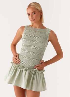 Garden Kisses Shirred Mini Dress - Sage NoSlip Grip Trim Lightweight-Comfort Garden Kisses Shirred Mini Dress - Sage