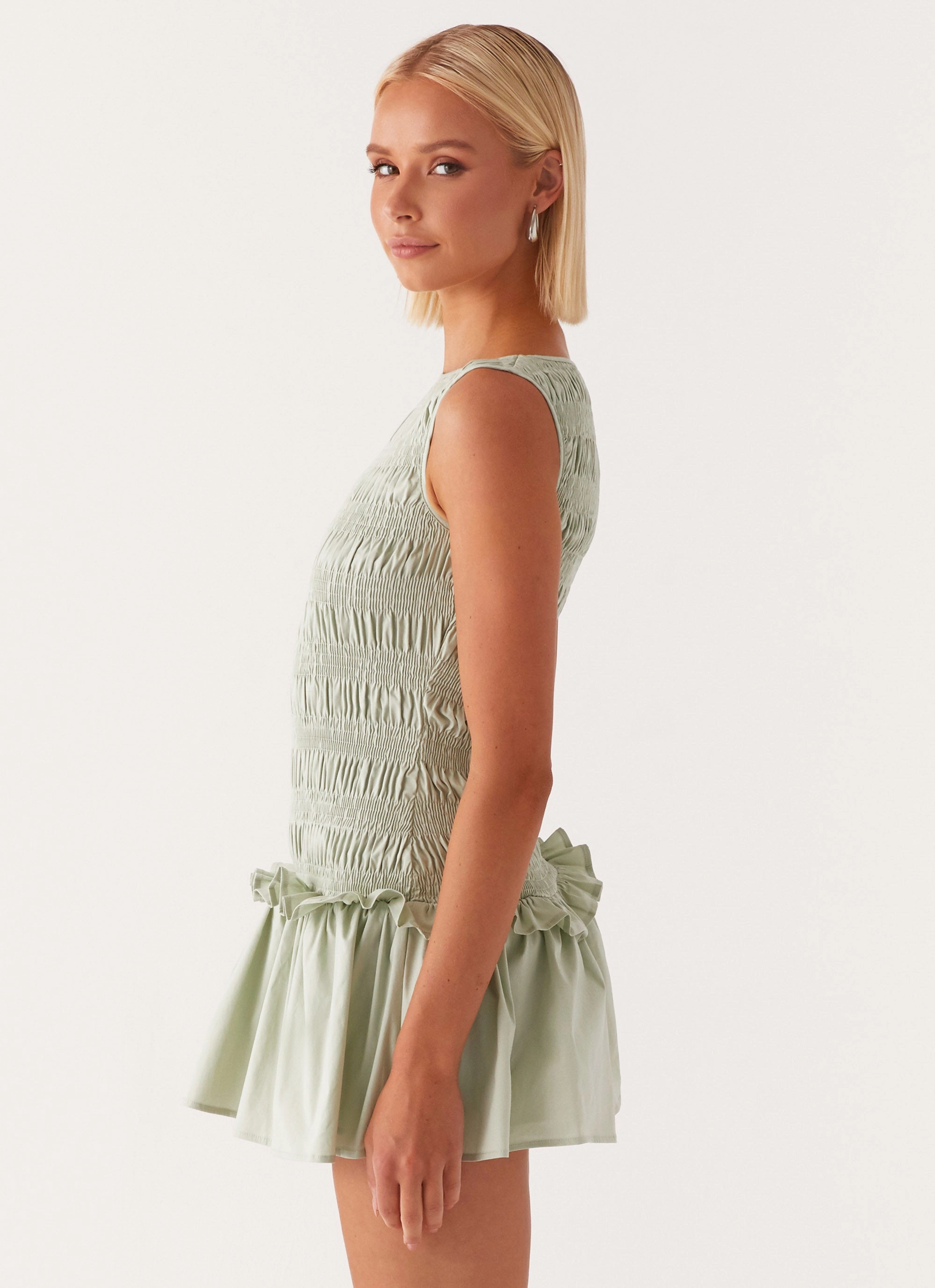 Garden Kisses Shirred Mini Dress - Sage Peace Glow Perfectly Crafted