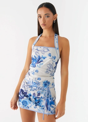 Garden Party Mini Dress - Serene Sky Floral Chic And Comfortable AntiStaticMaterial plus-size Garden Party Mini Dress - Serene Sky Floral