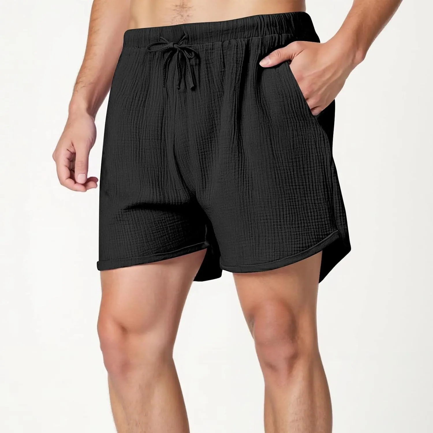 Gauze Cotton Linen Shorts for Men Breathable Elastic Waist Lounge Shorts Lightweight Loose-Fit Vacation Beach Short