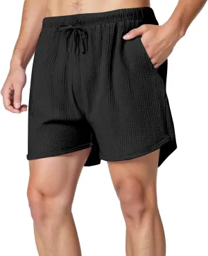 Gauze Cotton Linen Shorts for Men Breathable Elastic Waist Lounge Shorts Lightweight Loose-Fit Vacation Beach Short