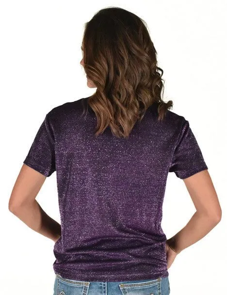 Structured Collar Cowgirl Tuff Womens Shimmer Breathe V Purple Nylon S/S T-Shirt