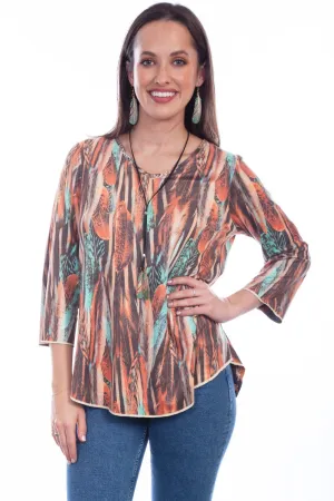 Geometric Pattern Scully Womens Feather Ornament Turquoise Poly/Spandex S/S Blouse Mix-And-Match Scully Womens Feather Ornament Turquoise Poly/Spandex S/S Blouse