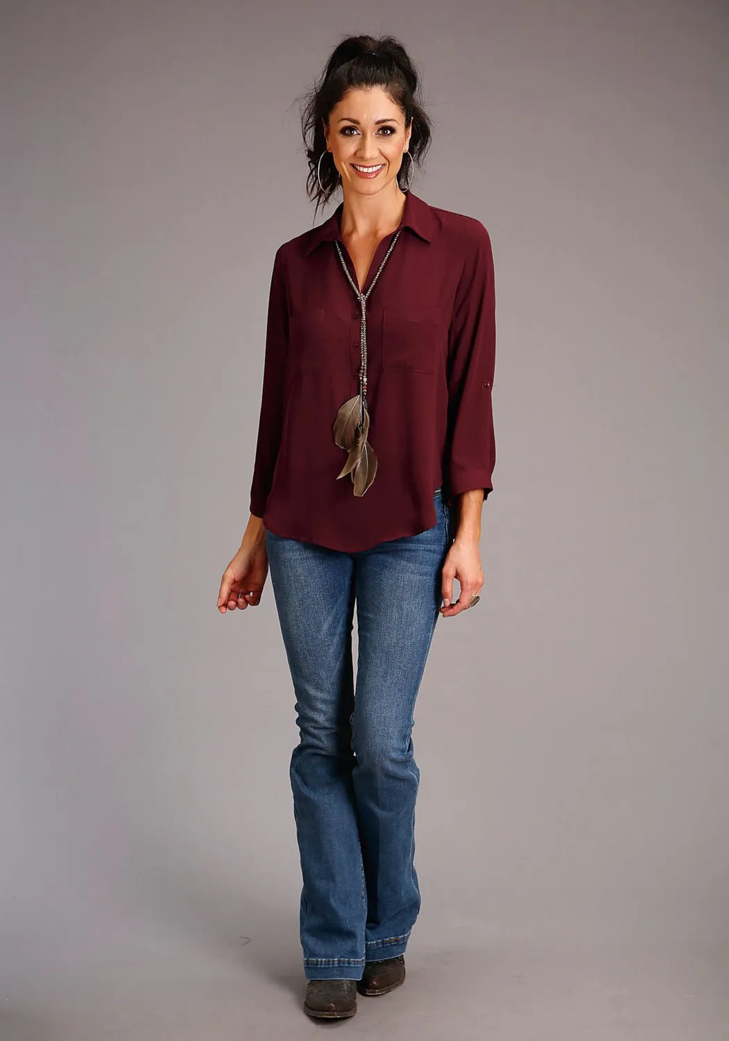 Versatile Layering Anti Pill Technology Stetson Womens Wine Polyester Open V S/S Shirt