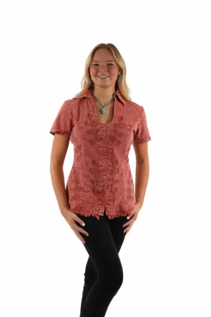 Glitter Detail Scully Womens Cantina Soutach Brick 100% Cotton S/S Blouse Scully Womens Cantina Soutach Brick 100% Cotton S/S Blouse Premium Comfort