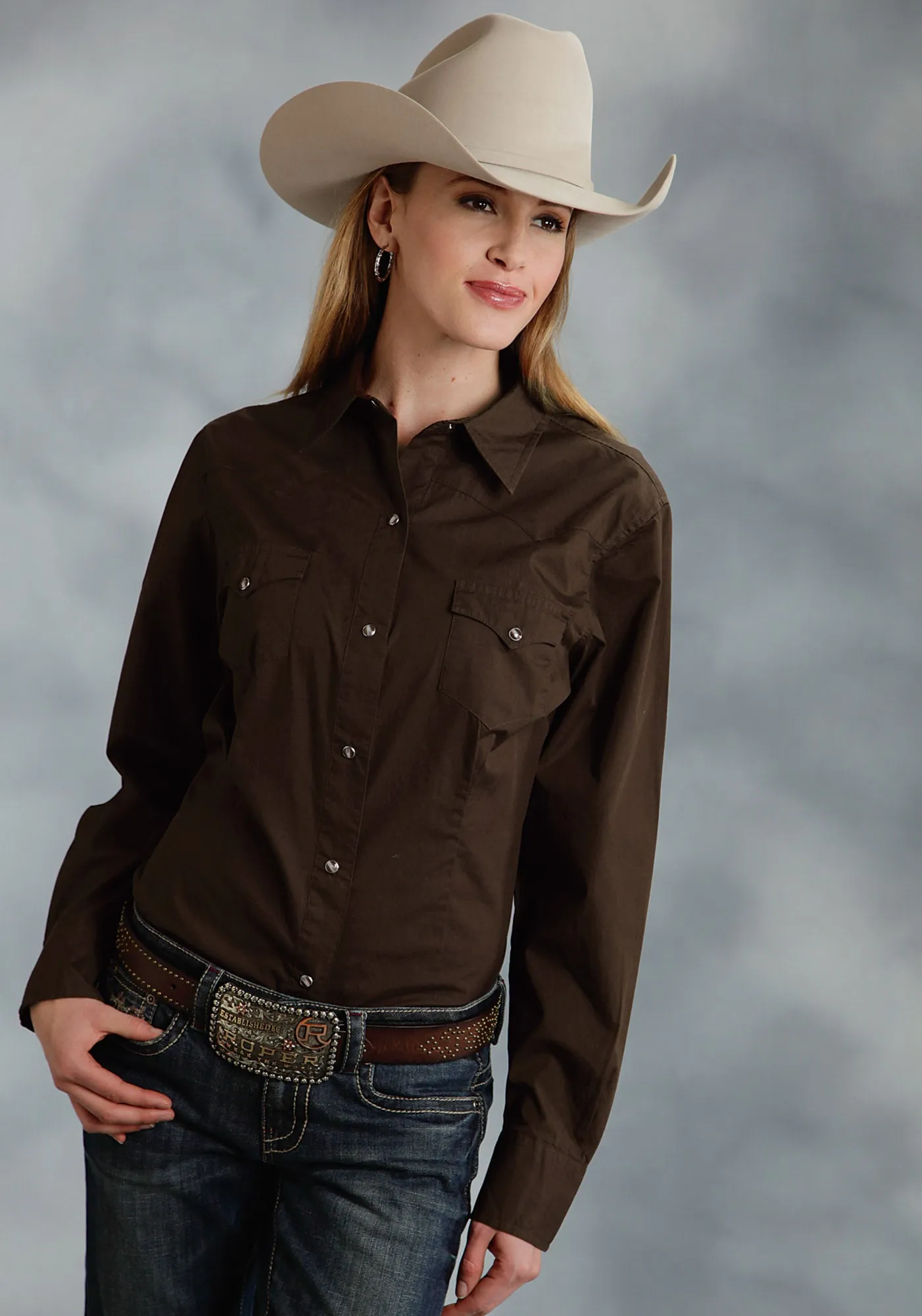 Roper Basic Solid Ladies Chocolate 100% Cotton L/S Western Shirt Fashion Comfort Workwear Essential