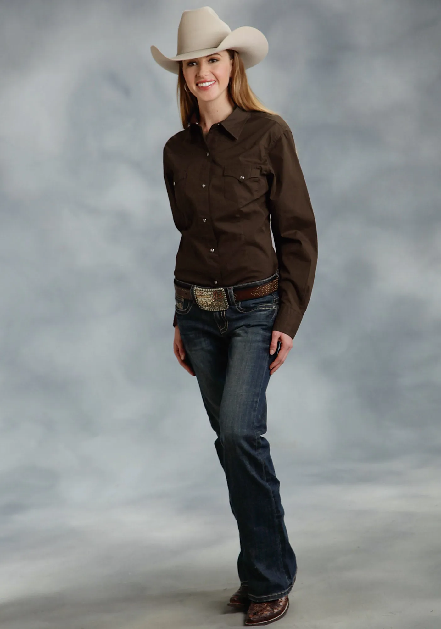 Trendsetter Choice Sophisticated Style Roper Basic Solid Ladies Chocolate 100% Cotton L/S Western Shirt