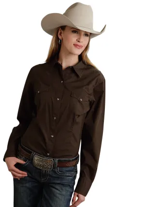 Glossy Look Roper Basic Solid Ladies Chocolate 100% Cotton L/S Western Shirt Plus size option Roper Basic Solid Ladies Chocolate 100% Cotton L/S Western Shirt