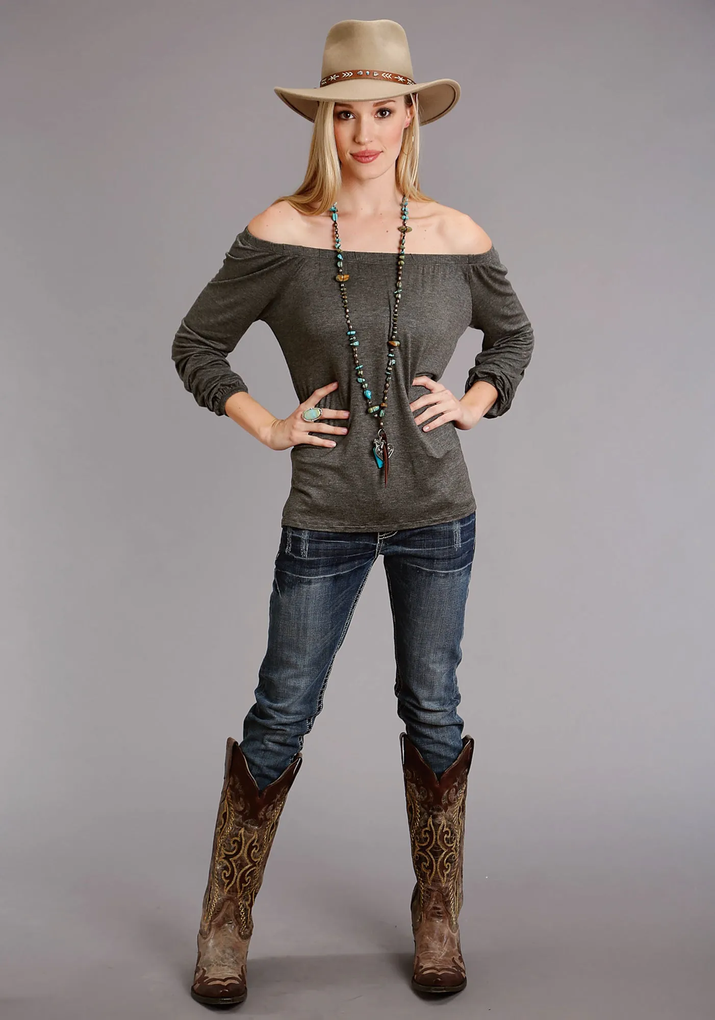 Stetson Womens Elastic Top Grey Rayon/Spandex L/S Tunic Soft Texture Smooth Zipper Design