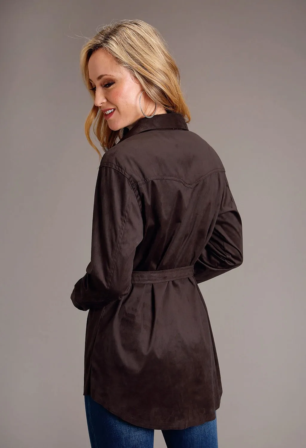Fitted Silhouette Stetson Womens Faux Suede Long Brown Rayon L/S Shirt