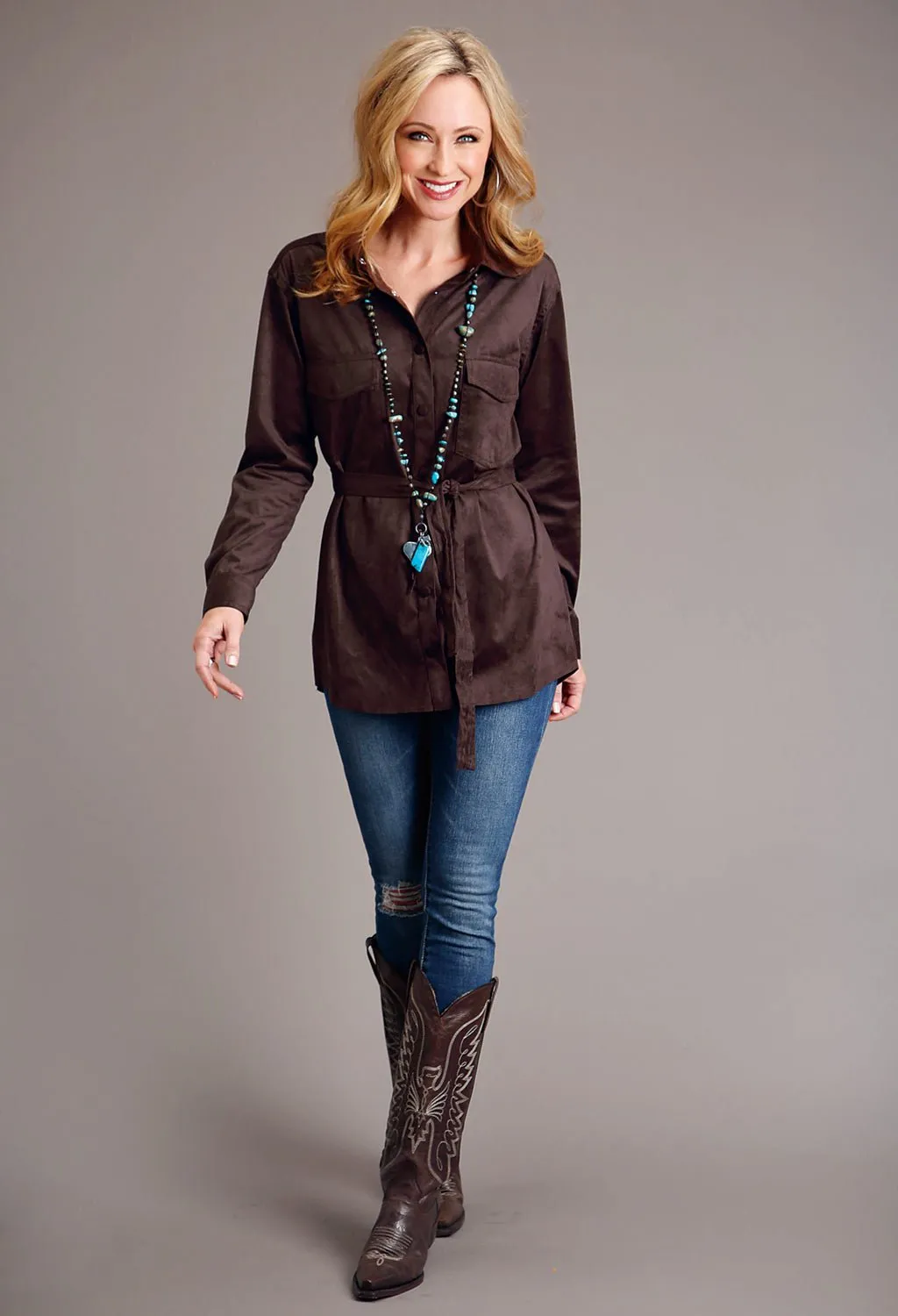 Edgy style Lightweight Comfort Stetson Womens Faux Suede Long Brown Rayon L/S Shirt