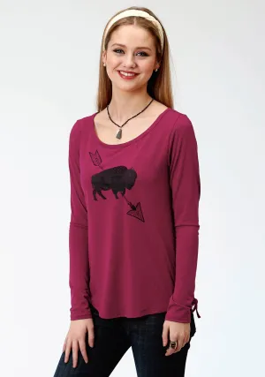 Go Easy Roper Womens Maroon Poly/Rayon Arrow & Bison L/S T-Shirt Roper Womens Maroon Poly/Rayon Arrow & Bison L/S T-Shirt Low Impact Processing
