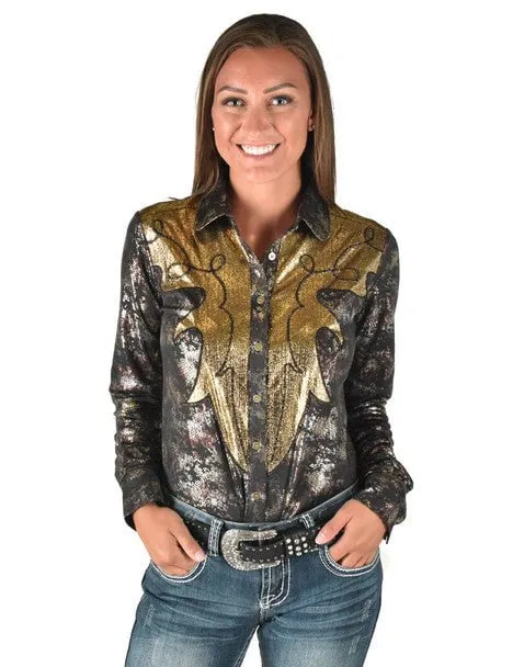 Neutral Shade Effortless Comfort Cowgirl Tuff Womens Western Metallic Black/Gold Polyester L/S Shirt