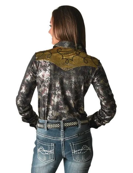 Comfy Layer Day-To-Night Wear Cowgirl Tuff Womens Western Metallic Black/Gold Polyester L/S Shirt