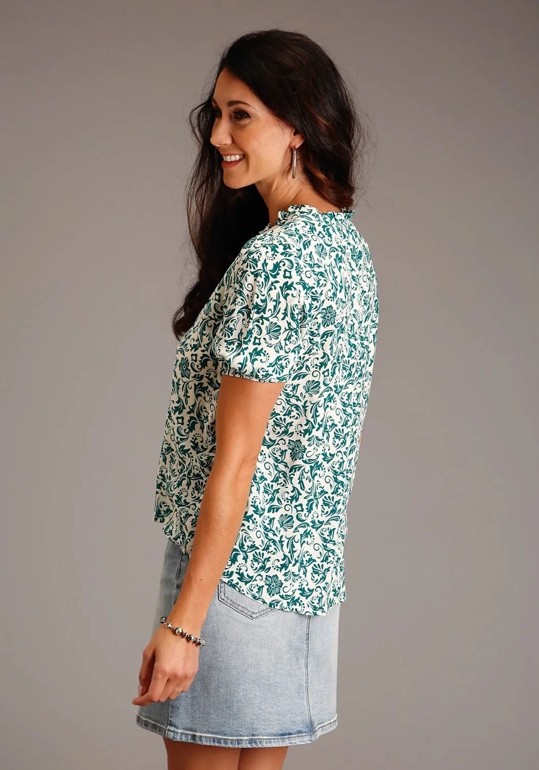 Stretch Material Stetson Womens Floral Print Jade 100% Rayon S/S Blouse