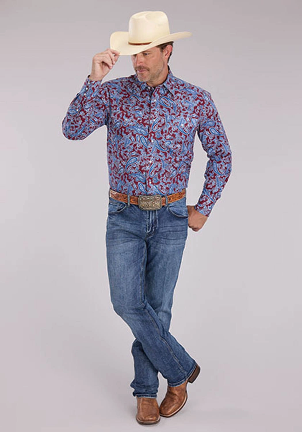 Structured Collar Roper Mens Heritage Paisley Wine/Blue 100% Cotton L/S Shirt