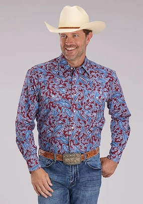 Go-To Look Roper Mens Heritage Paisley Wine/Blue 100% Cotton L/S Shirt Fashion Forward Design Reinforced Hems Roper Mens Heritage Paisley Wine/Blue 100% Cotton L/S Shirt