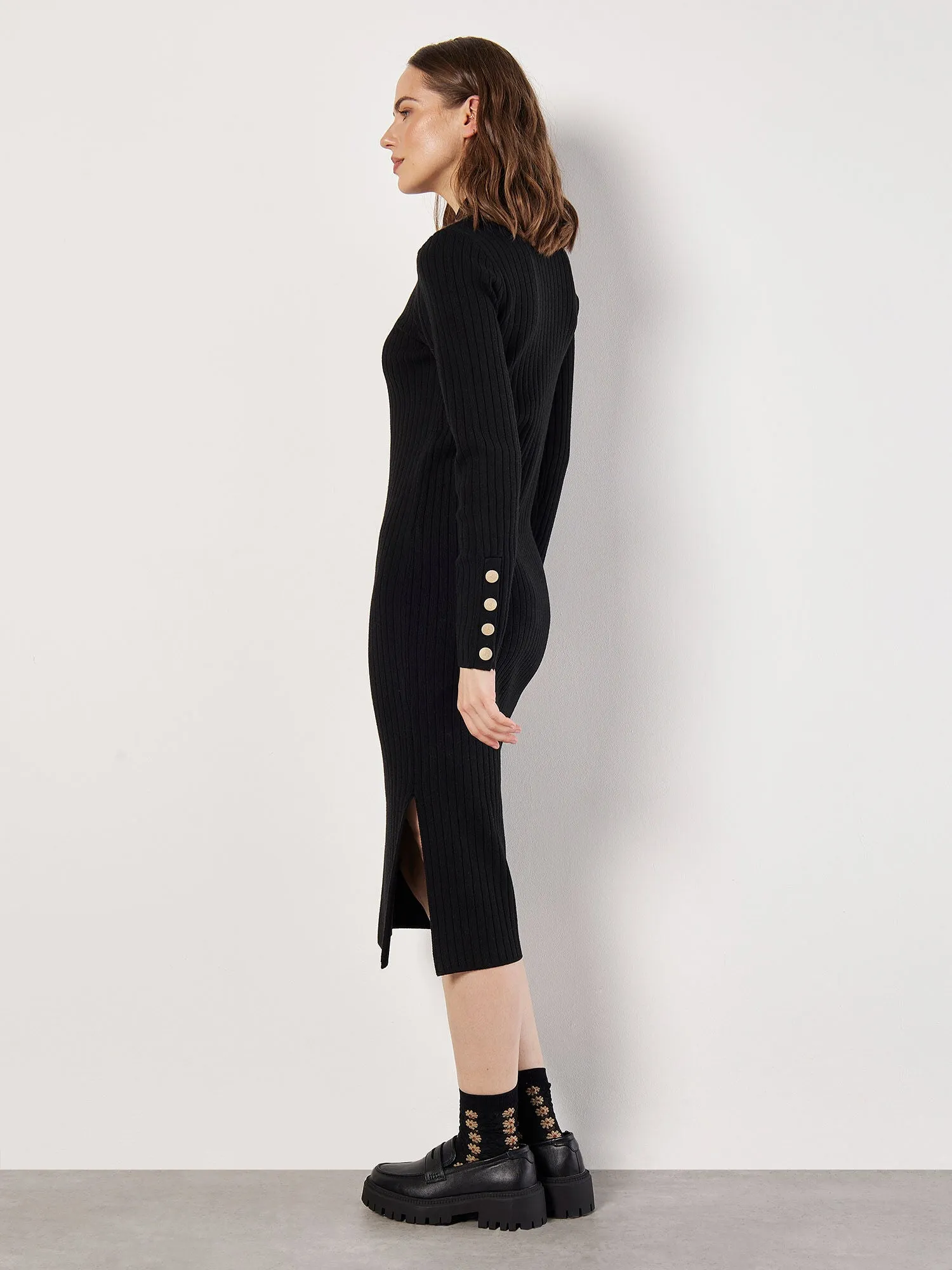 Art Spirit Gold Button Sleeve Ribbed Midi Dress in Black