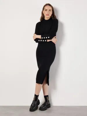 Gold Button Sleeve Ribbed Midi Dress in Black Premium Wear Gold Button Sleeve Ribbed Midi Dress in Black Versatile Wear Romantic Hour