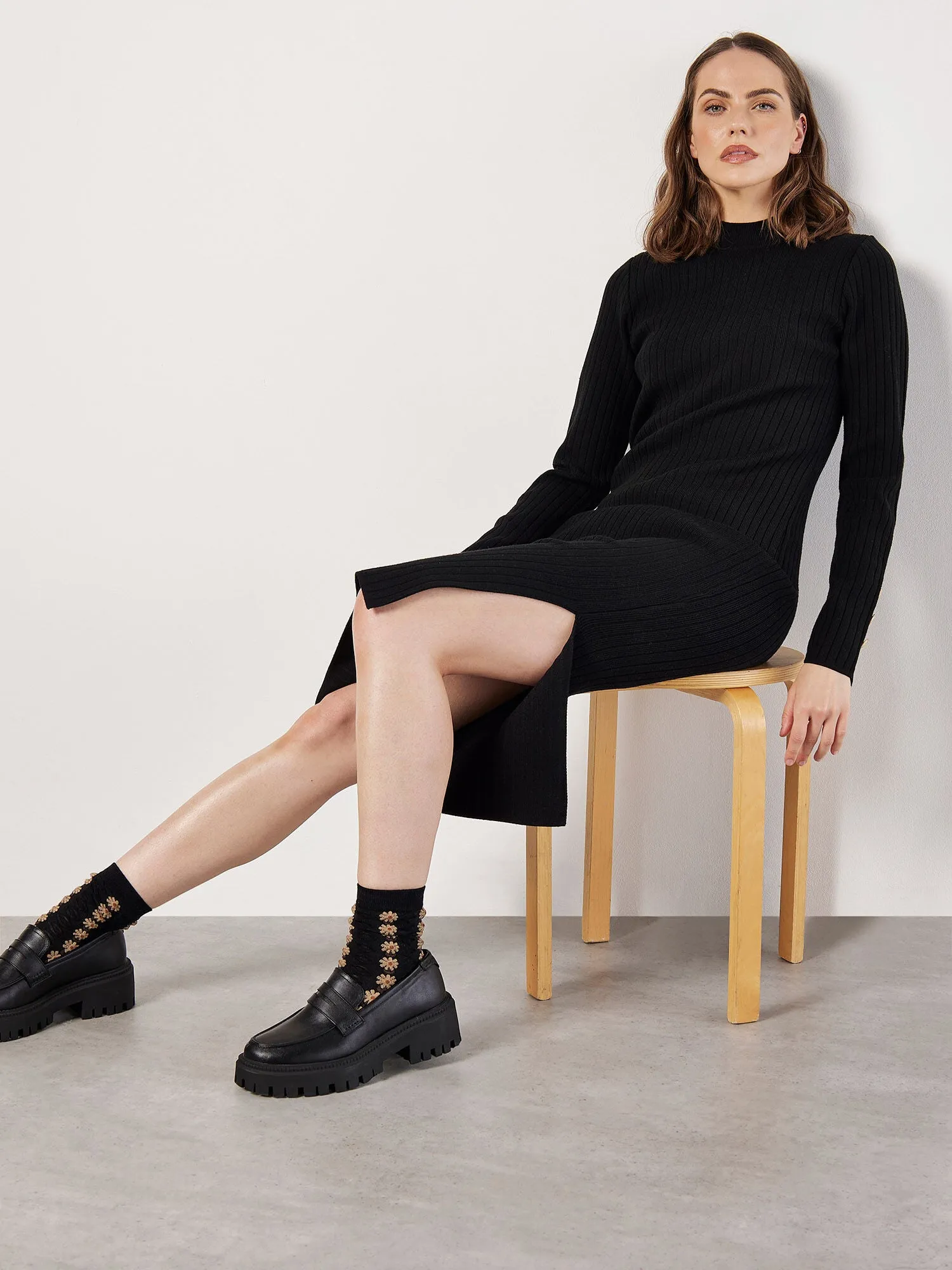 Dark Tones Adjustable Straps Gold Button Sleeve Ribbed Midi Dress in Black