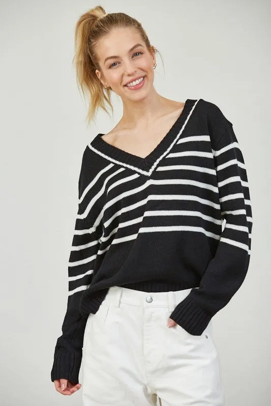 Contrast Inner Binding ISLA STRIPE V NECK SWEATER