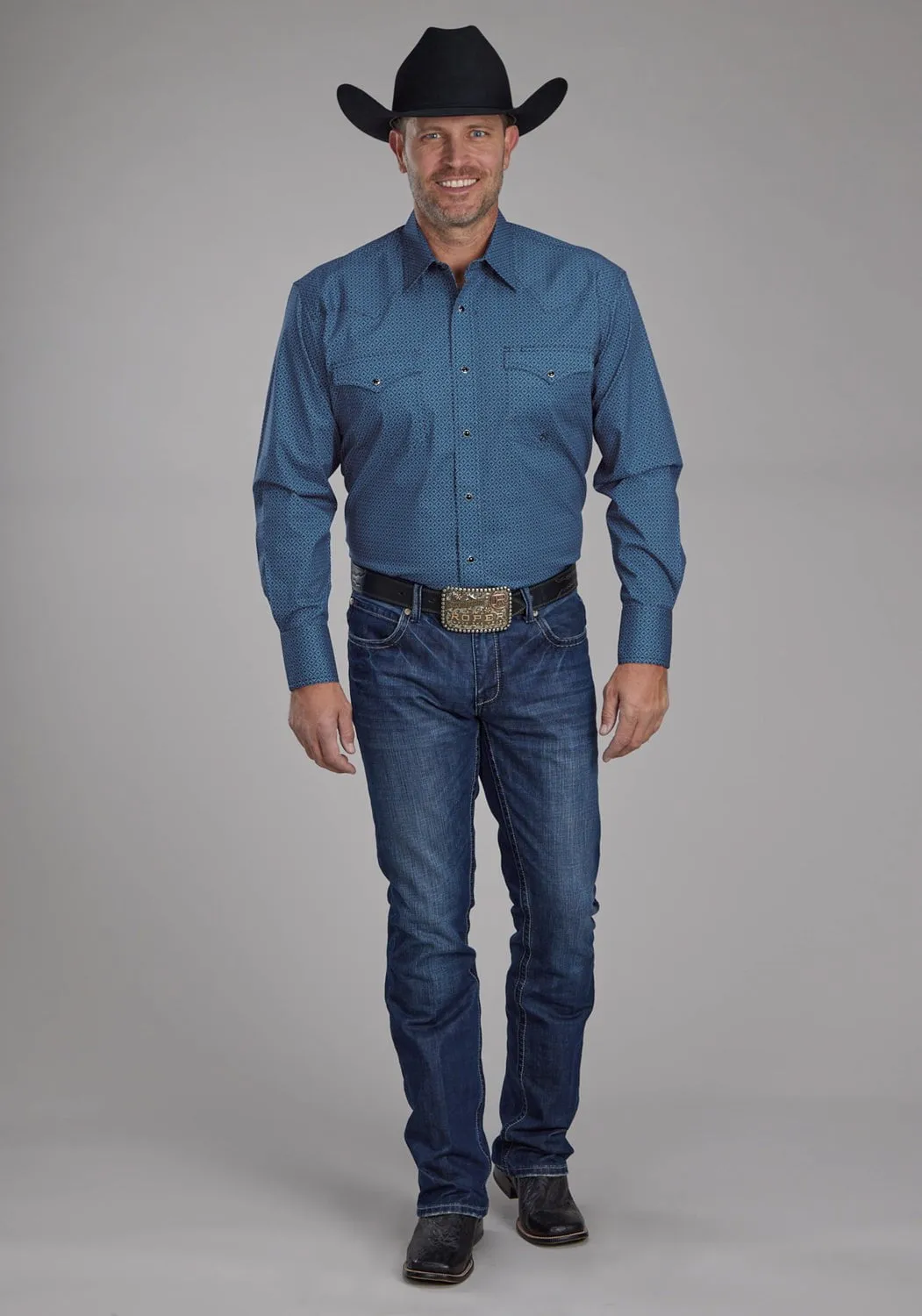 Resort Wear Roper Mens 2163 Diamond Stretch Blue Cotton Blend L/S Shirt