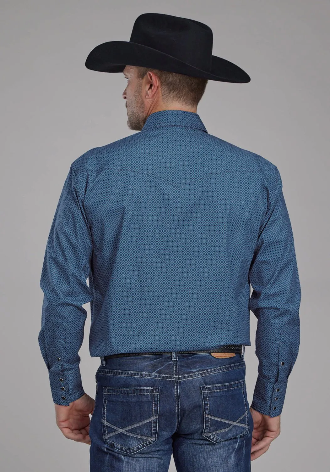 Tailored Silhouette Roper Mens 2163 Diamond Stretch Blue Cotton Blend L/S Shirt