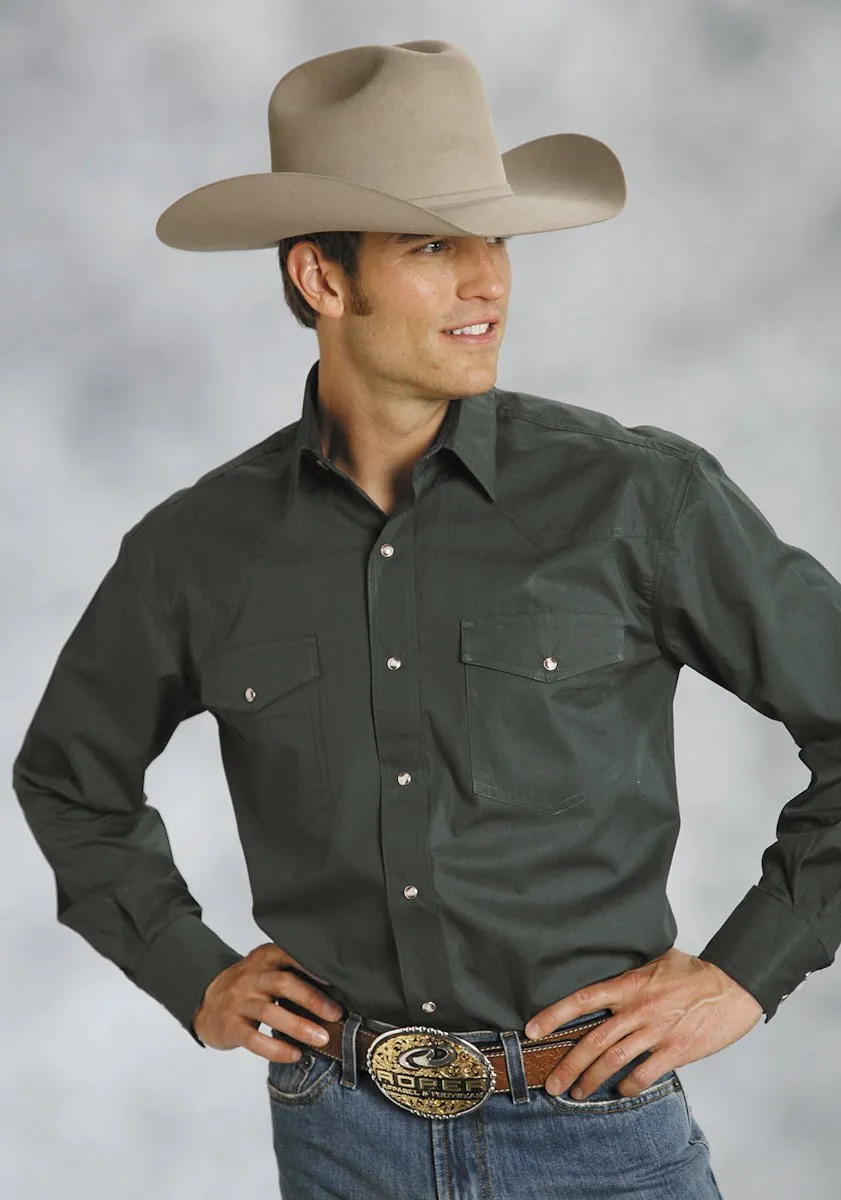 Roper Mens Green 100% Cotton L/S Snap 1 Pt Back Yoke Poplin Western Shirt Ribbed Trim Easy Styling