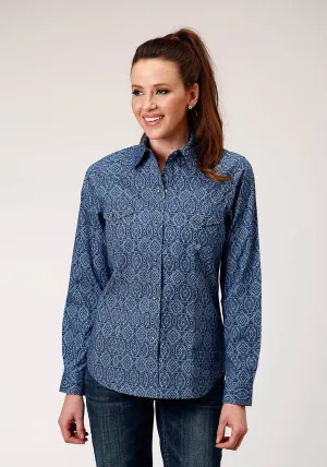 Graphic Art Roper Womens Medallion Paisley Blue 100% Cotton L/S Shirt Roper Womens Medallion Paisley Blue 100% Cotton L/S Shirt Anti Pilling Finish