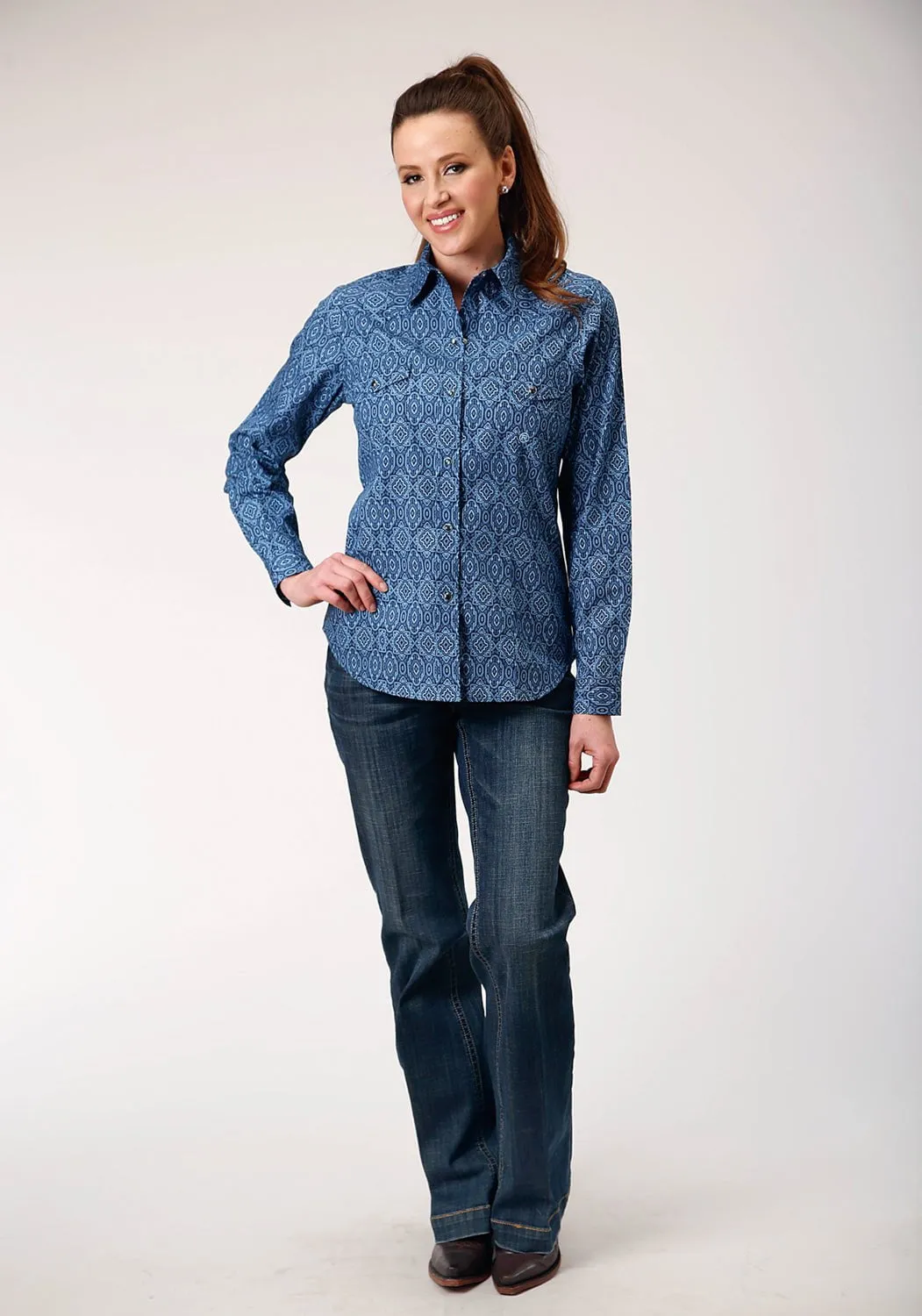 Bold Hue Elegant Finish Roper Womens Medallion Paisley Blue 100% Cotton L/S Shirt