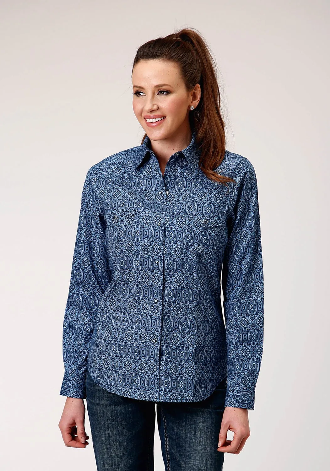 Fashion Forward Design Casual Hangout Roper Womens Medallion Paisley Blue 100% Cotton L/S Shirt