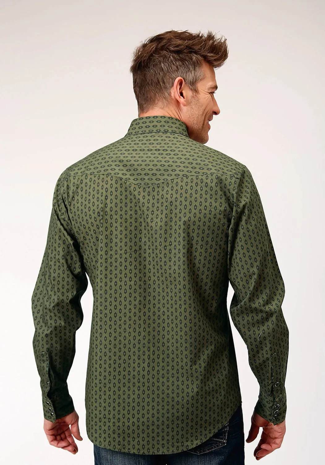 Roper Mens Drybrush Diamonds Green 100% Cotton L/S Shirt Edgy Design